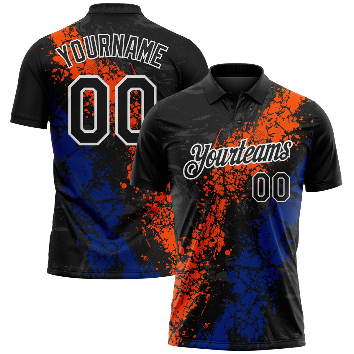 Custom Black Orange Royal-White Dripping Splatter Cracked Texture Performance Polo Shirt