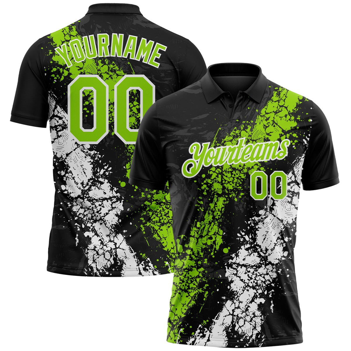 Custom Black Neon Green-White Dripping Splatter Cracked Texture Performance Polo Shirt
