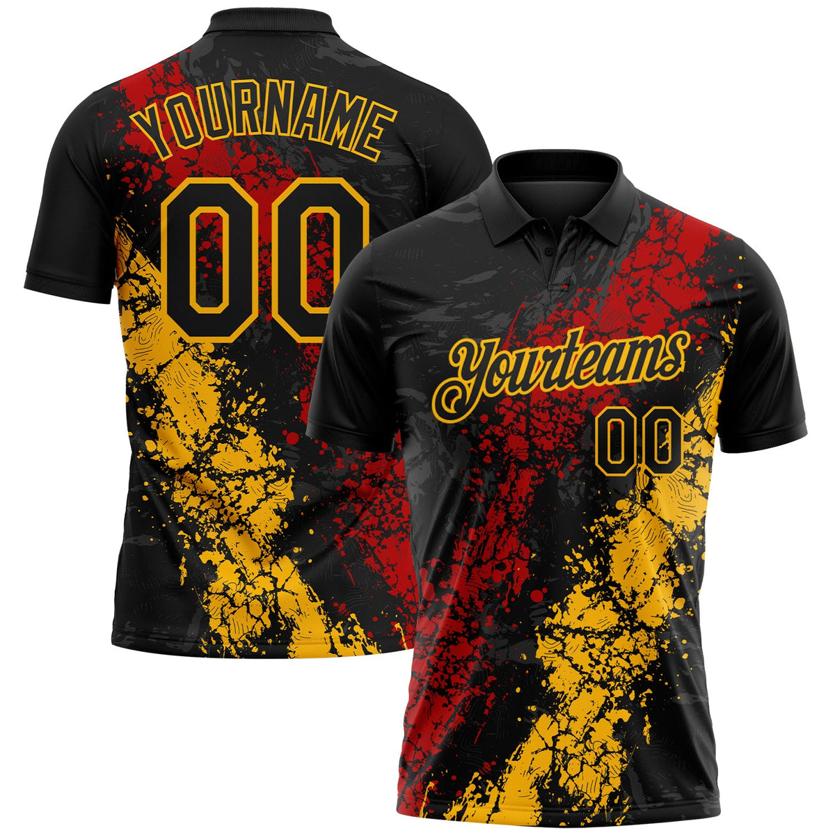 Custom Black Red-Gold Dripping Splatter Cracked Texture Performance Polo Shirt