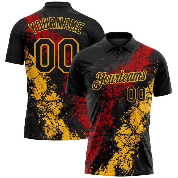 Custom Black Red-Gold Dripping Splatter Cracked Texture Performance Polo Shirt