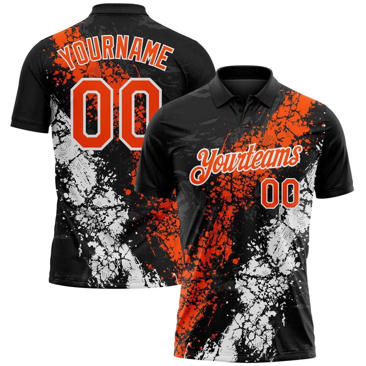 Custom Black Orange-White Dripping Splatter Cracked Texture Performance Polo Shirt
