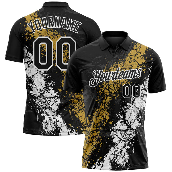 Custom Black Old Gold-White Dripping Splatter Cracked Texture Performance Polo Shirt