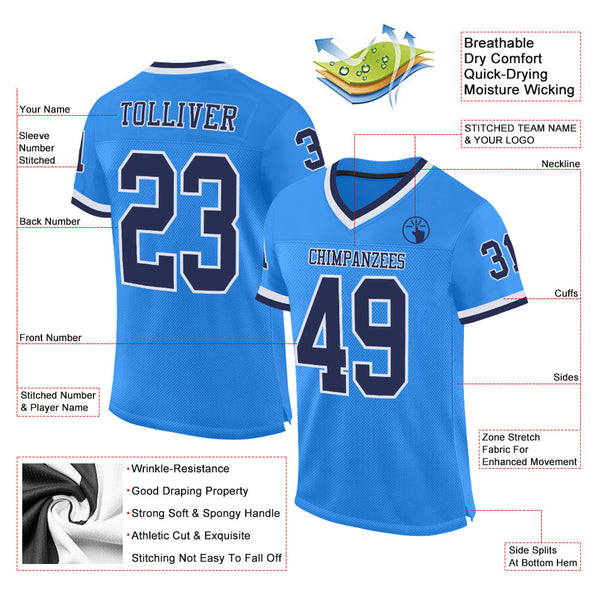 Custom Powder Blue Navy-White Mesh Authentic Throwback Football Jersey alternate