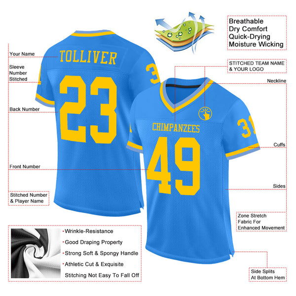 Custom Powder Blue Gold Mesh Authentic Throwback Football Jersey alternate
