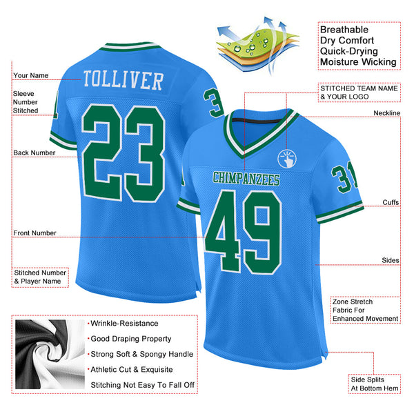 Custom Powder Blue Kelly Green-White Mesh Authentic Throwback Football Jersey alternate