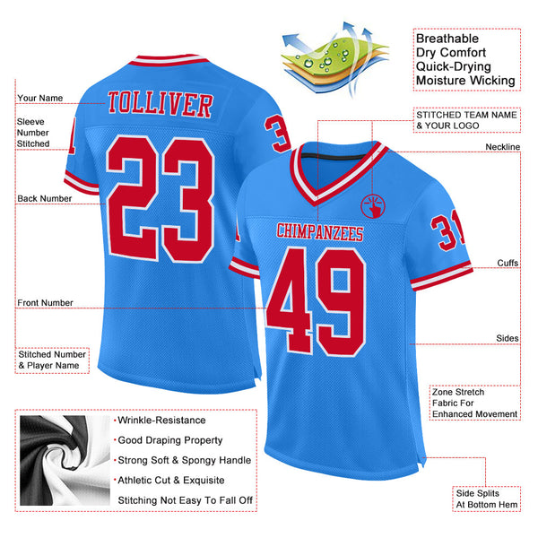 Custom Powder Blue Red-White Mesh Authentic Throwback Football Jersey alternate