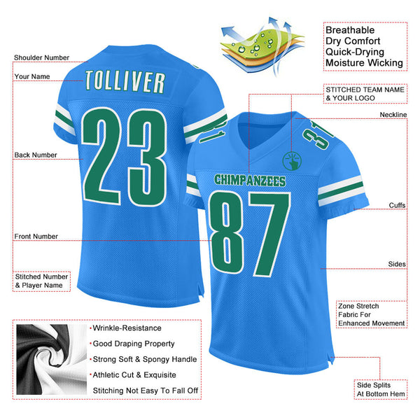 Custom Powder Blue Kelly Green-White Mesh Authentic Football Jersey alternate