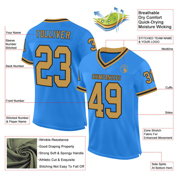 Custom Powder Blue Old Gold-Black Mesh Authentic Throwback Football Jersey alternate