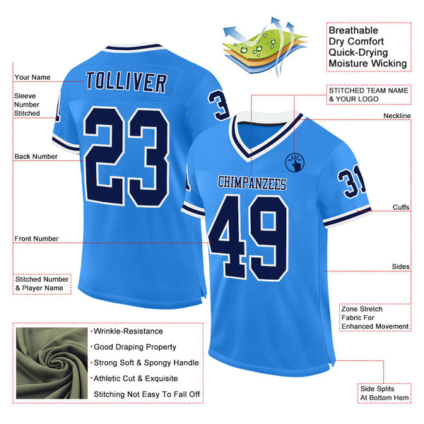Custom Powder Blue Navy-White Mesh Authentic Throwback Football Jersey alternate
