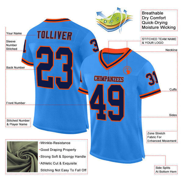 Custom Powder Blue Navy-Orange Mesh Authentic Throwback Football Jersey alternate
