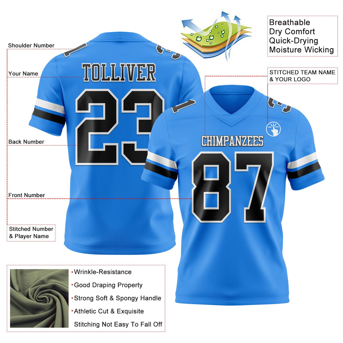 Custom Powder Blue Black-White Authentic Football Jersey - Front