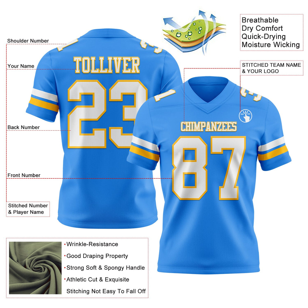 Custom Powder Blue White-Gold Authentic Football Jersey - Front