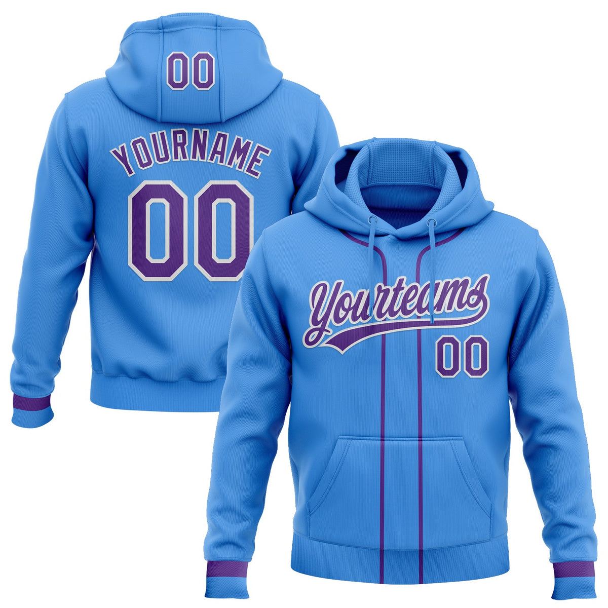 Custom Stitched Powder Blue Purple-White Baseball Pullover Sweatshirt Hoodie