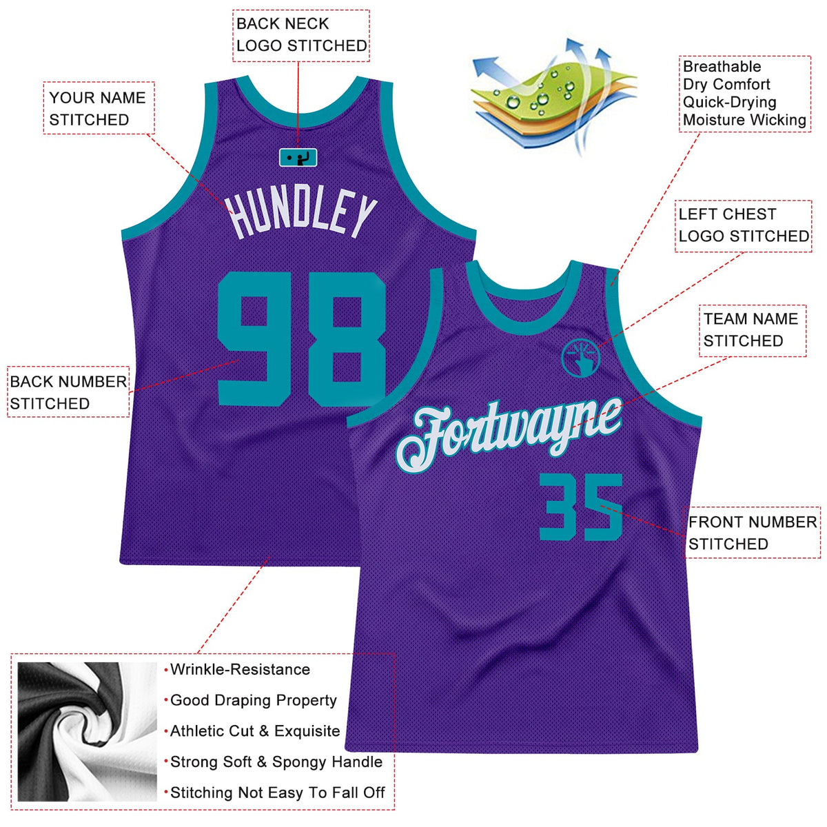 Custom Purple Teal-White Authentic Throwback Basketball Jersey - Back