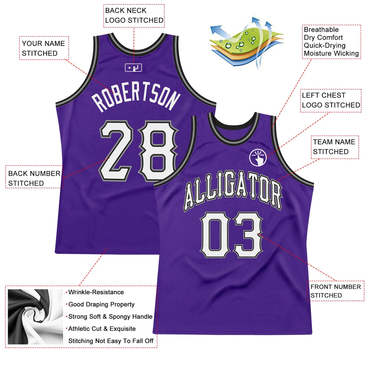 Custom Purple White-Black Authentic Throwback Basketball Jersey - Back