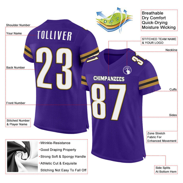 Custom Purple White-Old Gold Mesh Authentic Football Jersey alternate