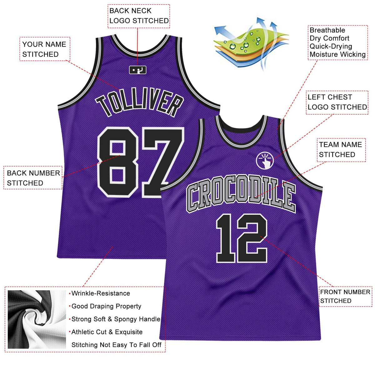 Custom Purple Black-White Authentic Throwback Basketball Jersey - Back