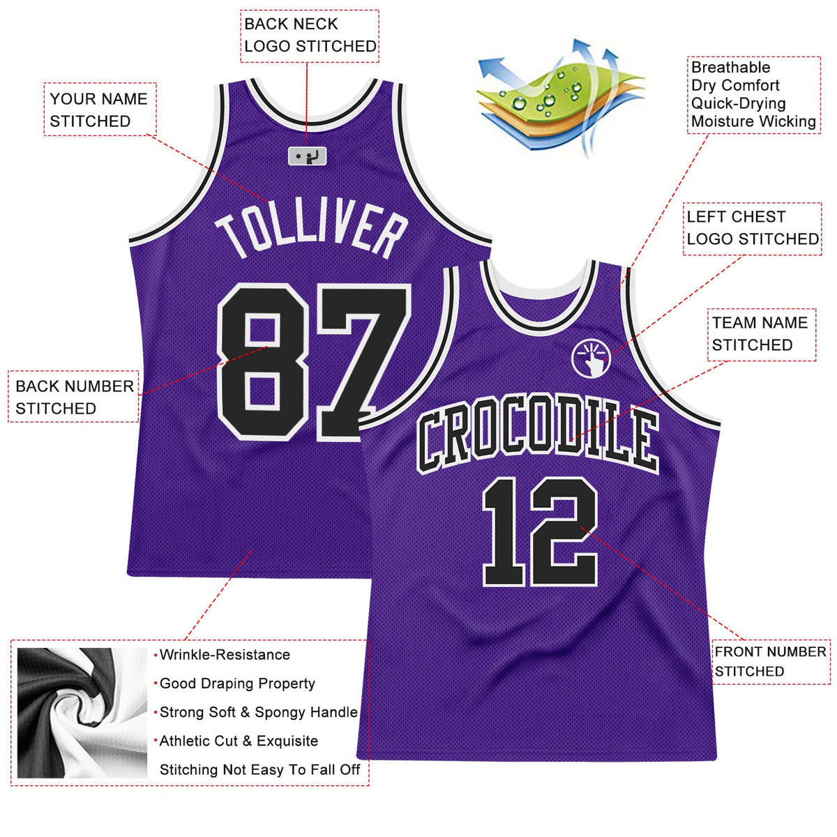 Custom Purple Black-White Authentic Throwback Basketball Jersey - Front