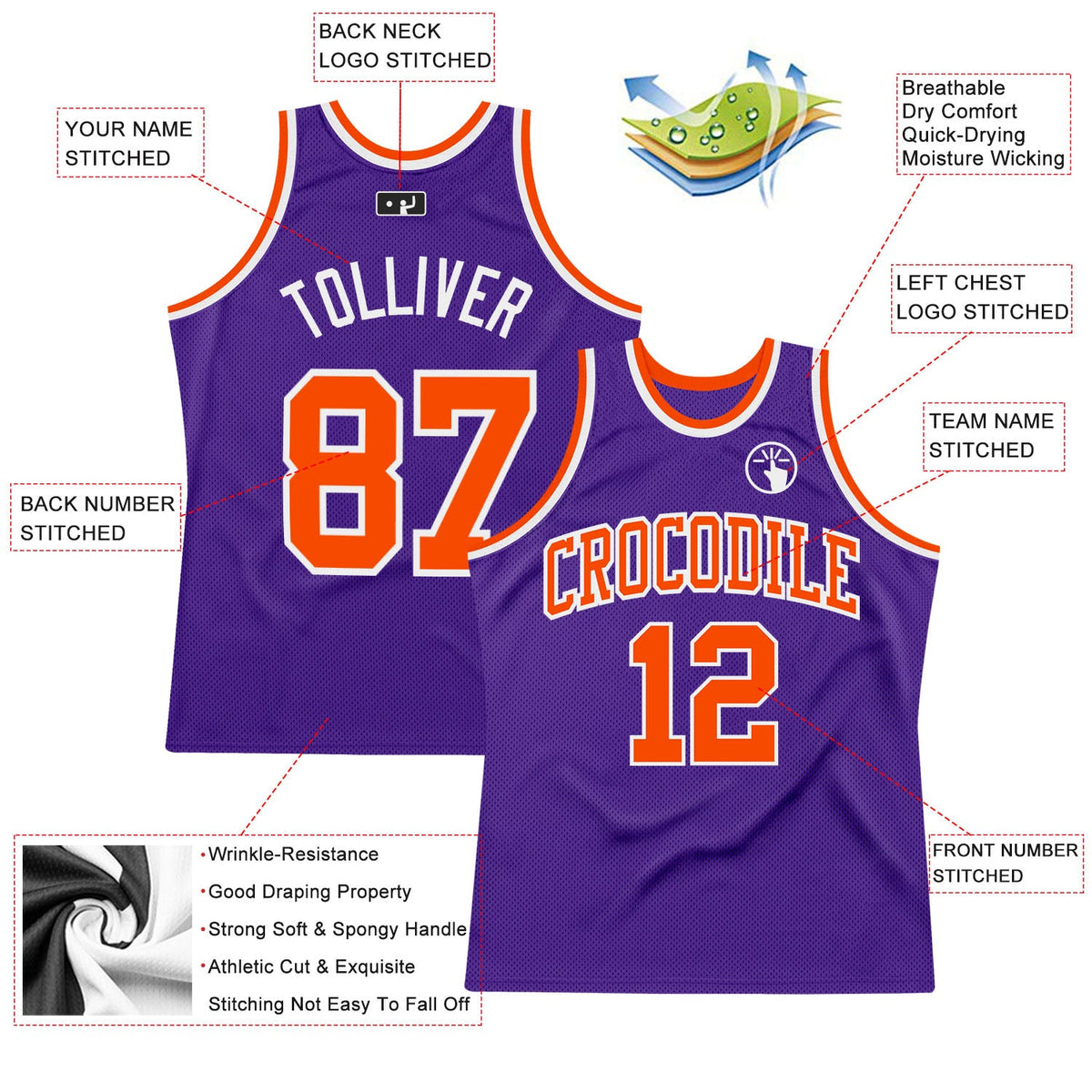 Custom Purple Orange-White Authentic Throwback Basketball Jersey - Back