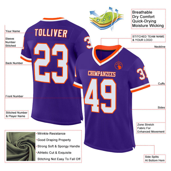 Custom Purple White-Orange Mesh Authentic Throwback Football Jersey alternate
