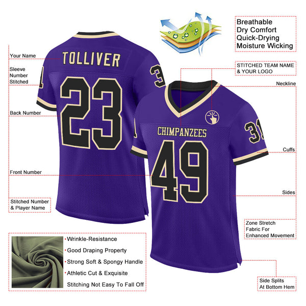 Custom Purple Black-Cream Mesh Authentic Throwback Football Jersey alternate