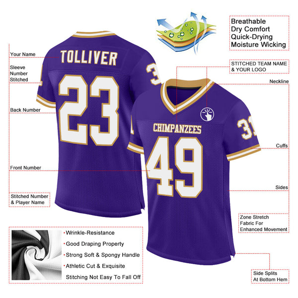 Custom Purple White-Old Gold Mesh Authentic Throwback Football Jersey alternate