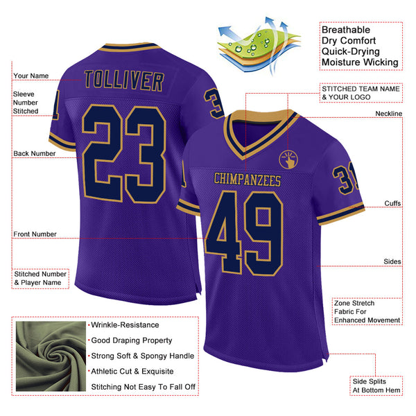 Custom Purple Navy-Old Gold Mesh Authentic Throwback Football Jersey alternate