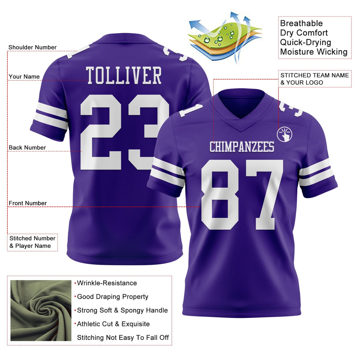 Custom Purple White Authentic Football Jersey - Front