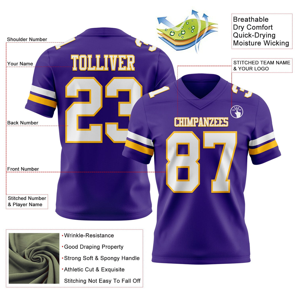 Custom Purple White-Gold Authentic Football Jersey - Front