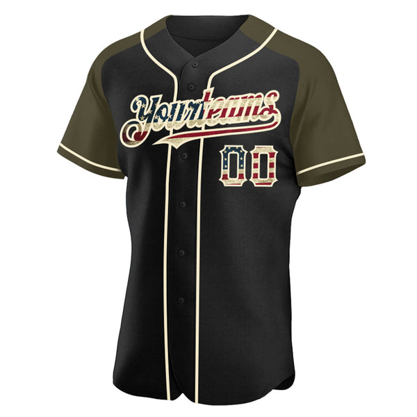Custom Black Vintage USA Flag Olive-Cream Authentic Raglan Sleeves Baseball Jersey alternate