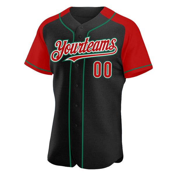 Custom Black Red-Kelly Green Authentic Raglan Sleeves Baseball Jersey alternate