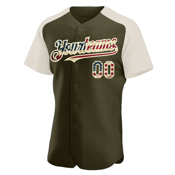 Custom Olive Vintage USA Flag-Cream Authentic Raglan Sleeves Salute To Service Baseball Jersey alternate