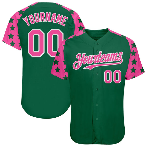 Custom Green Pink-White Star Raglan Sleeves Authentic Baseball Jersey