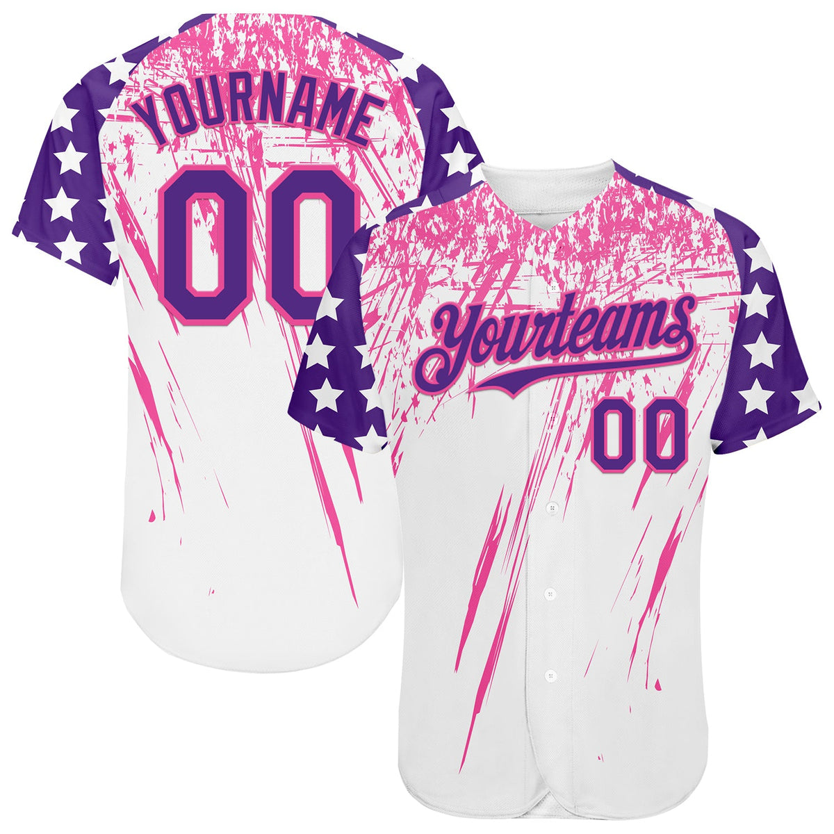 Custom White Purple-Pink Splatter Brush Stroke Star Raglan Sleeves  Authentic Baseball Jersey