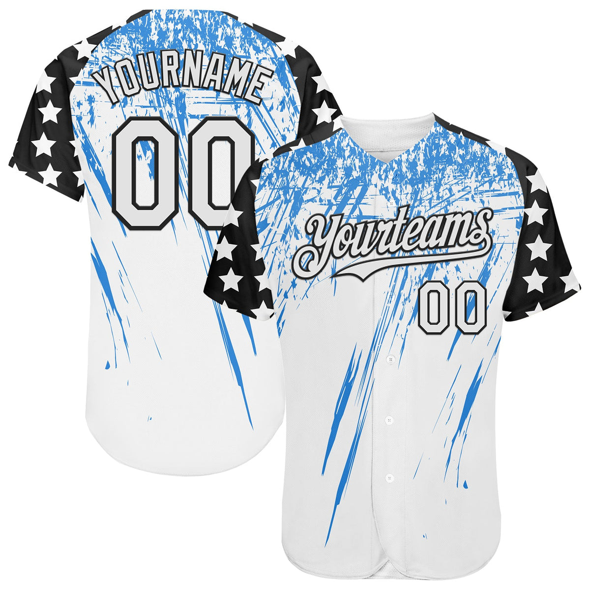 Custom White Black-Powder Blue Splatter Brush Stroke Star Raglan Sleeves Authentic Baseball Jersey