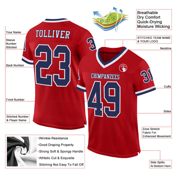 Custom Red Navy-White Mesh Authentic Throwback Football Jersey alternate
