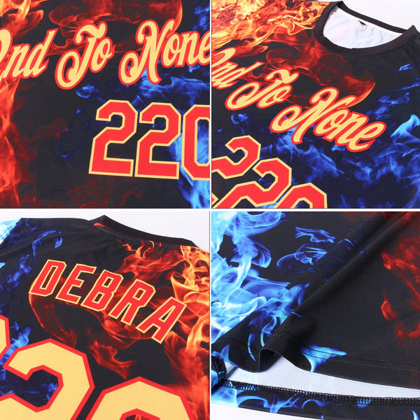 Custom Red Gold-Red 3D Pattern Design Flame Performance T-Shirt alternate