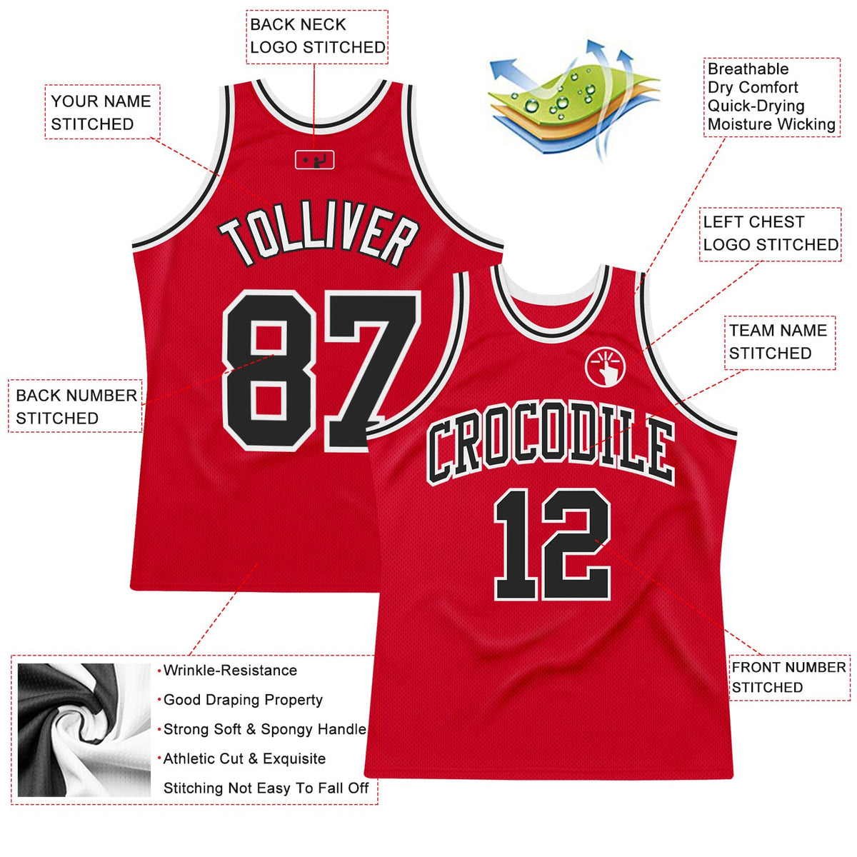 Custom Red Black-White Authentic Throwback Basketball Jersey - Front