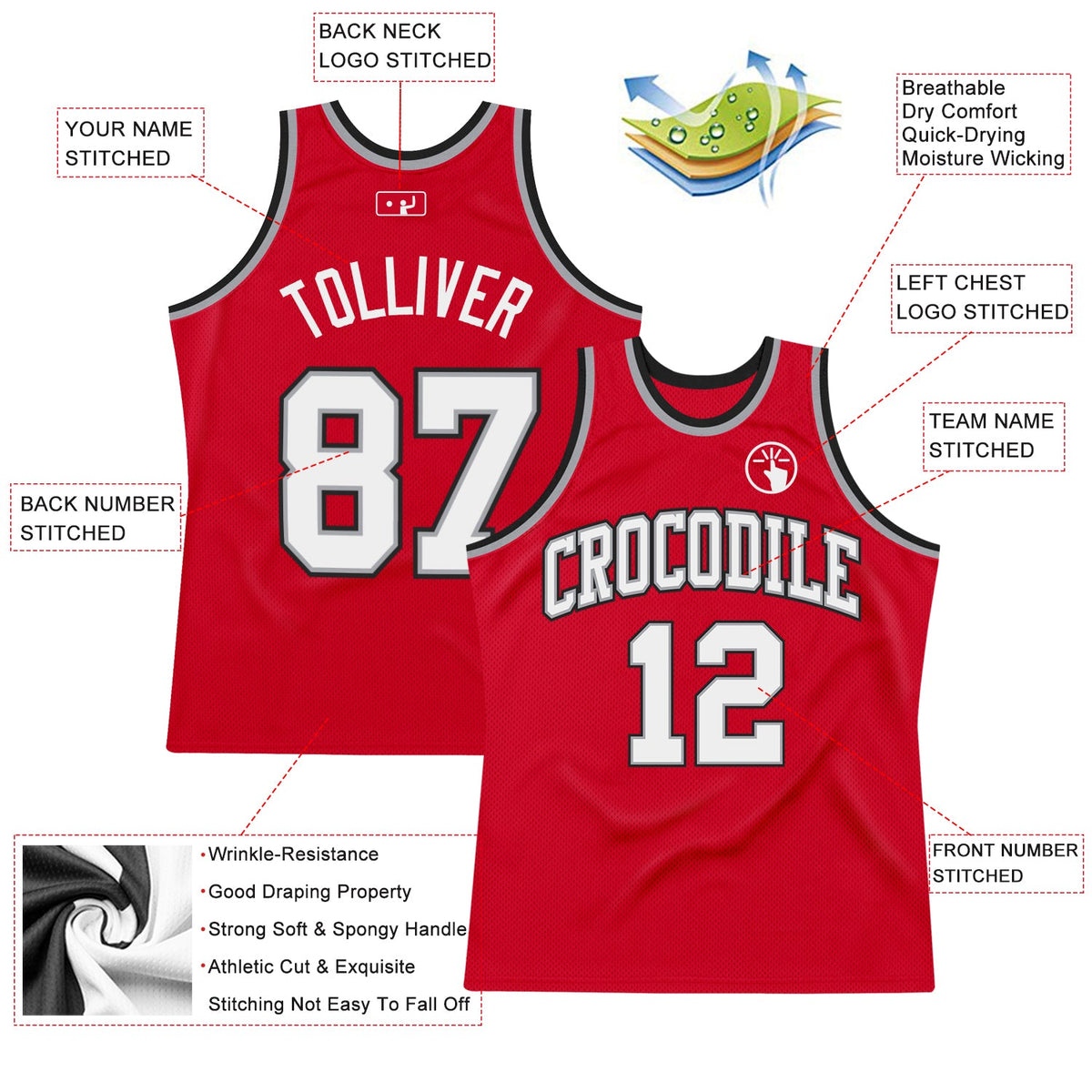Custom Red White-Black Authentic Throwback Basketball Jersey - Back