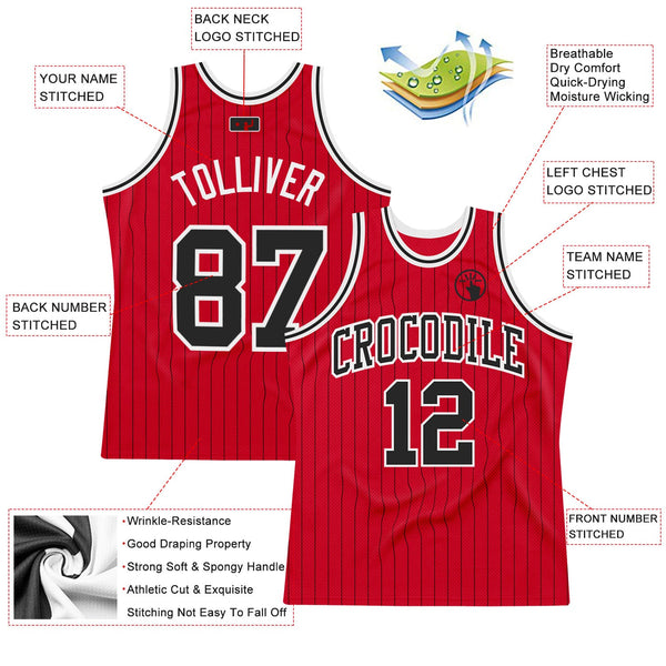 Custom Red Black Pinstripe Black-White Authentic Basketball Jersey alternate