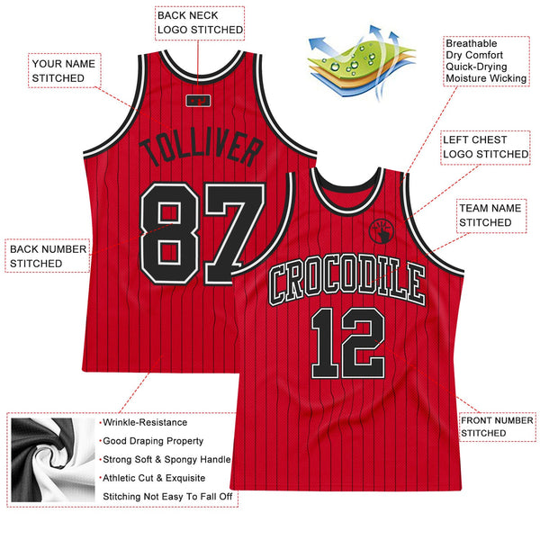 Custom Red Black Pinstripe Black-White Authentic Basketball Jersey alternate