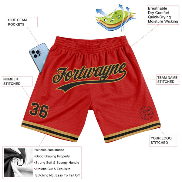 Custom Red Black-Old Gold Authentic Throwback Basketball Shorts alternate