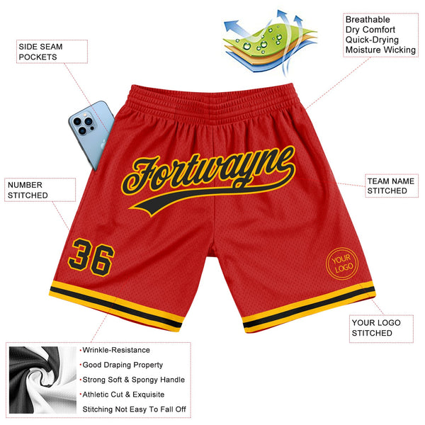 Custom Red Black-Gold Authentic Throwback Basketball Shorts alternate