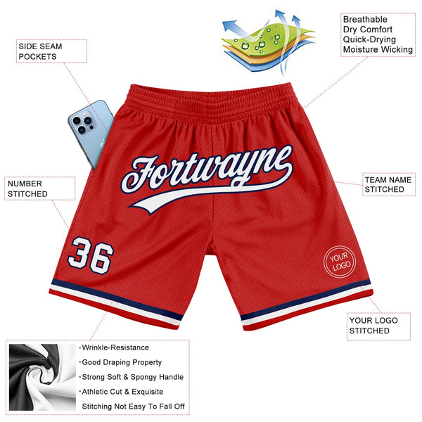 Custom Red White-Navy Authentic Throwback Basketball Shorts alternate