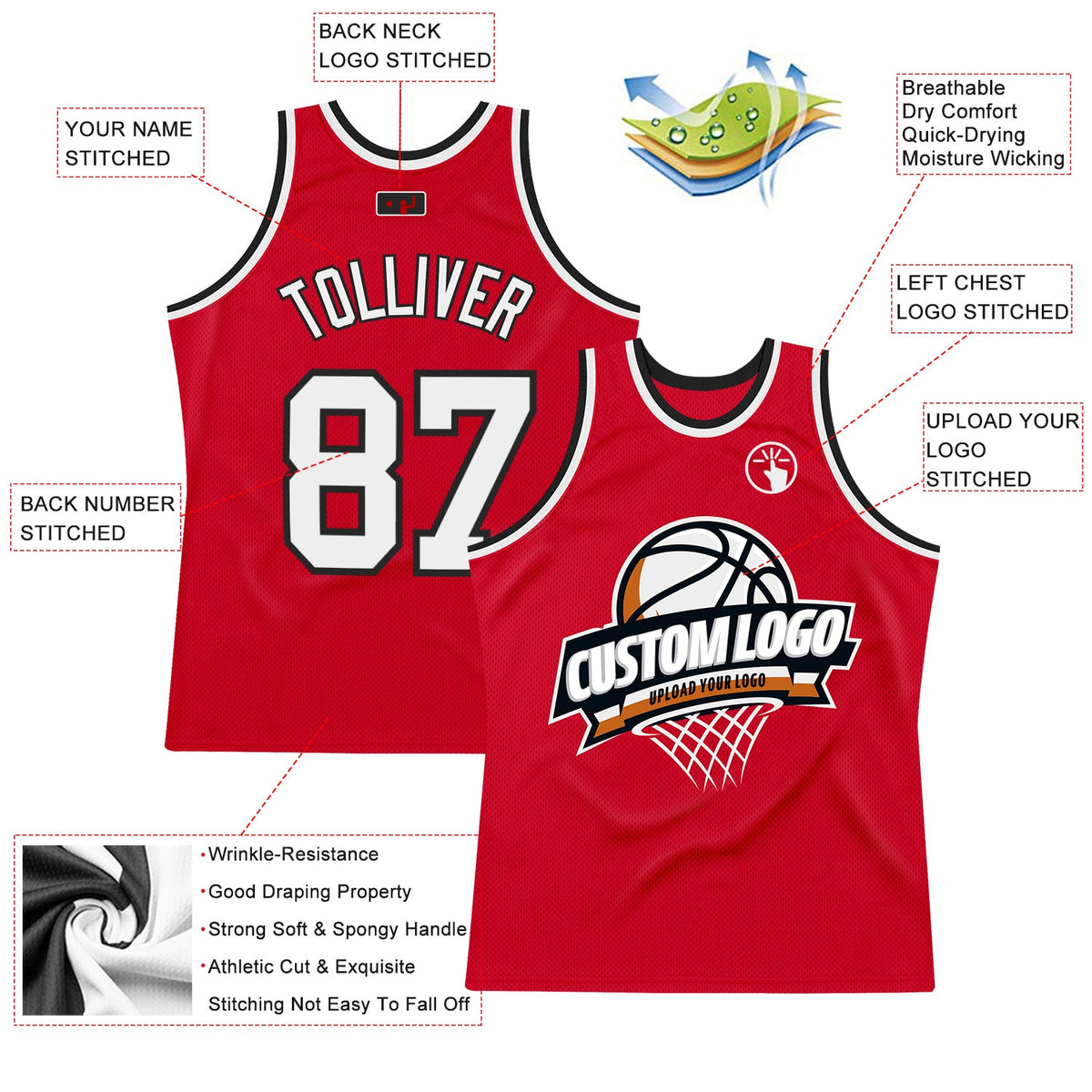 Custom Red White-Black Authentic Throwback Basketball Jersey - Back