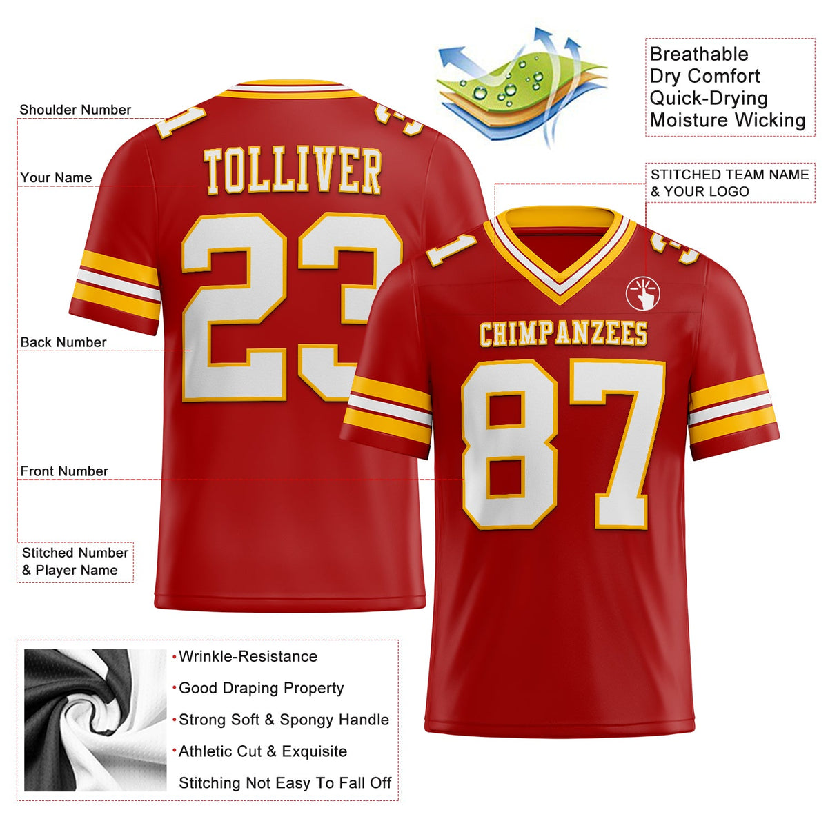 Custom Red White-Gold Authentic Football Jersey - Back