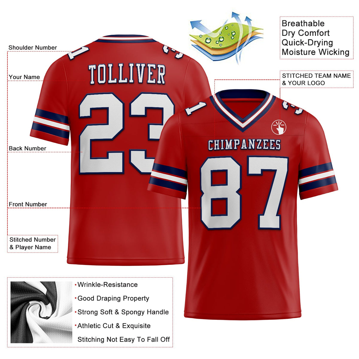 Custom Red White-Navy Authentic Football Jersey - Back