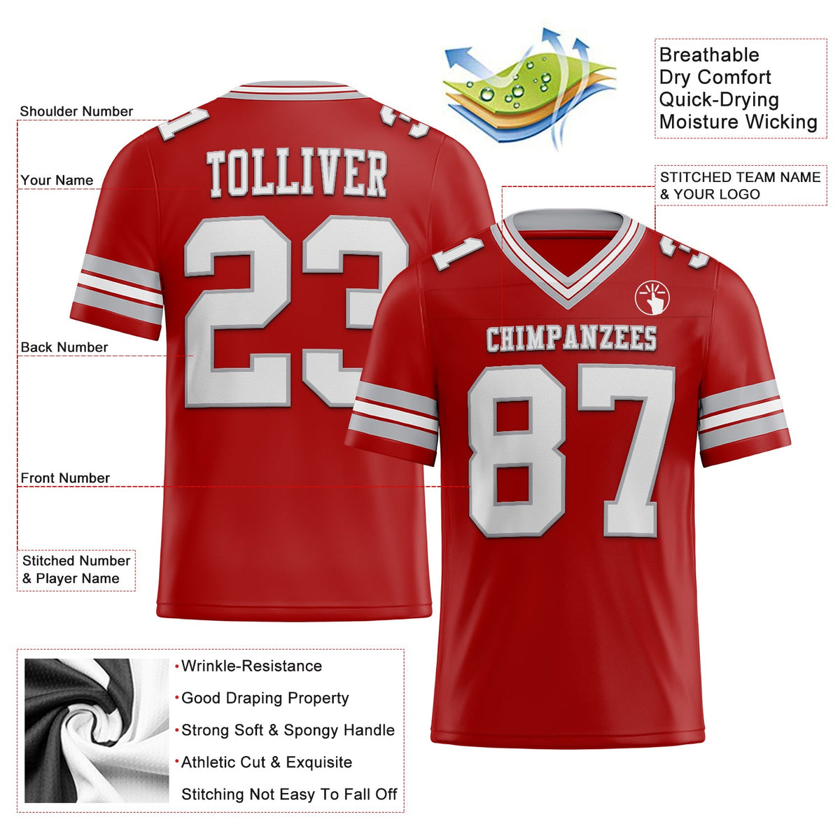 Custom Red White-Gray Authentic Football Jersey - Back