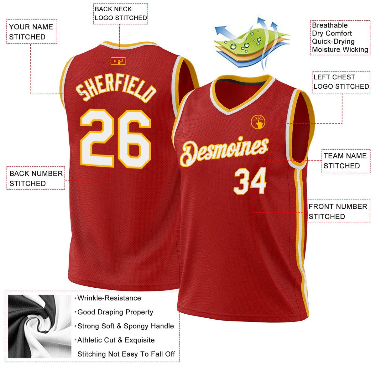 Custom Red White-Gold Authentic Throwback Basketball Jersey - Front