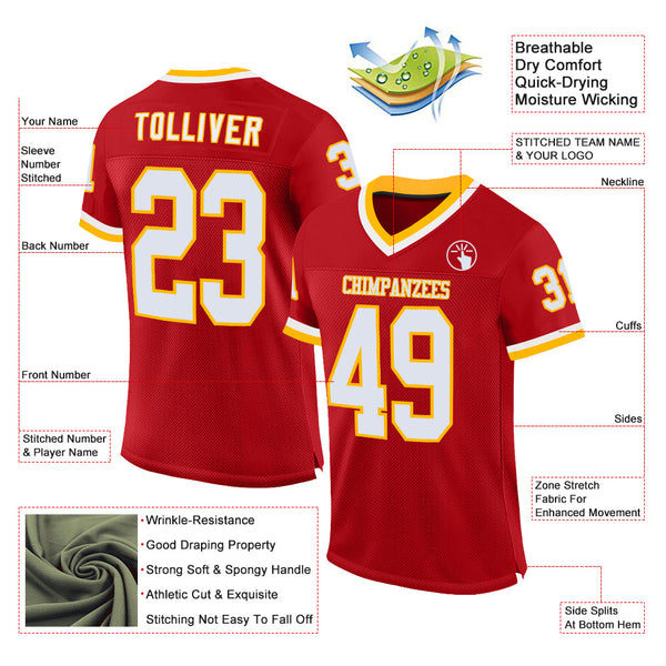 Custom Red White-Gold Mesh Authentic Throwback Football Jersey alternate